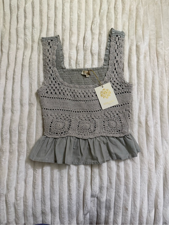 Rebellion Tops - Rebellion Gray Crochet Tank with Ruffle Hem